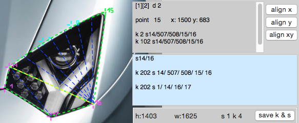 Part edges text editor showing car headlight in Papercraft4 3D